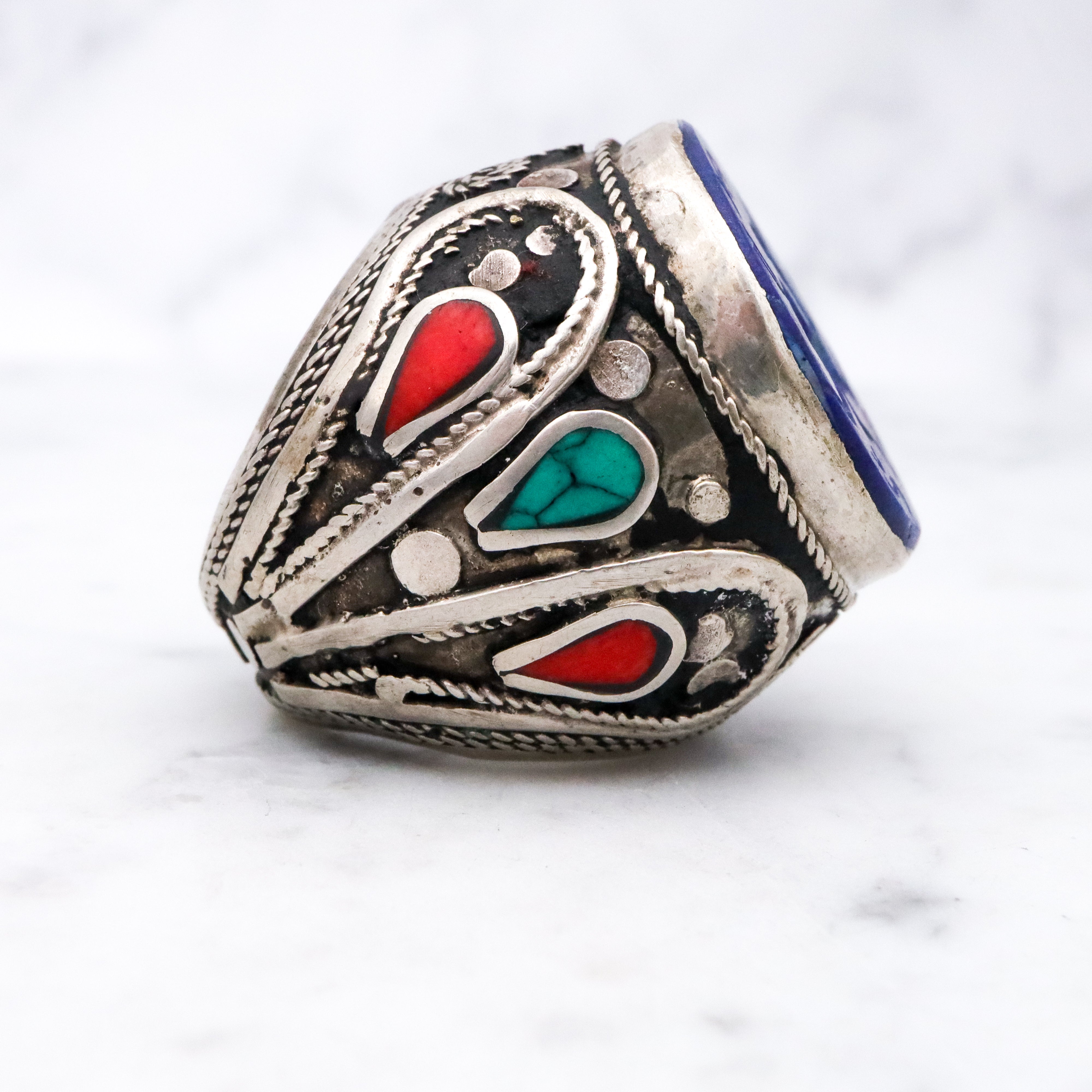 Vintage Afghan tribal silver lapis intaglio ring, size 5.5